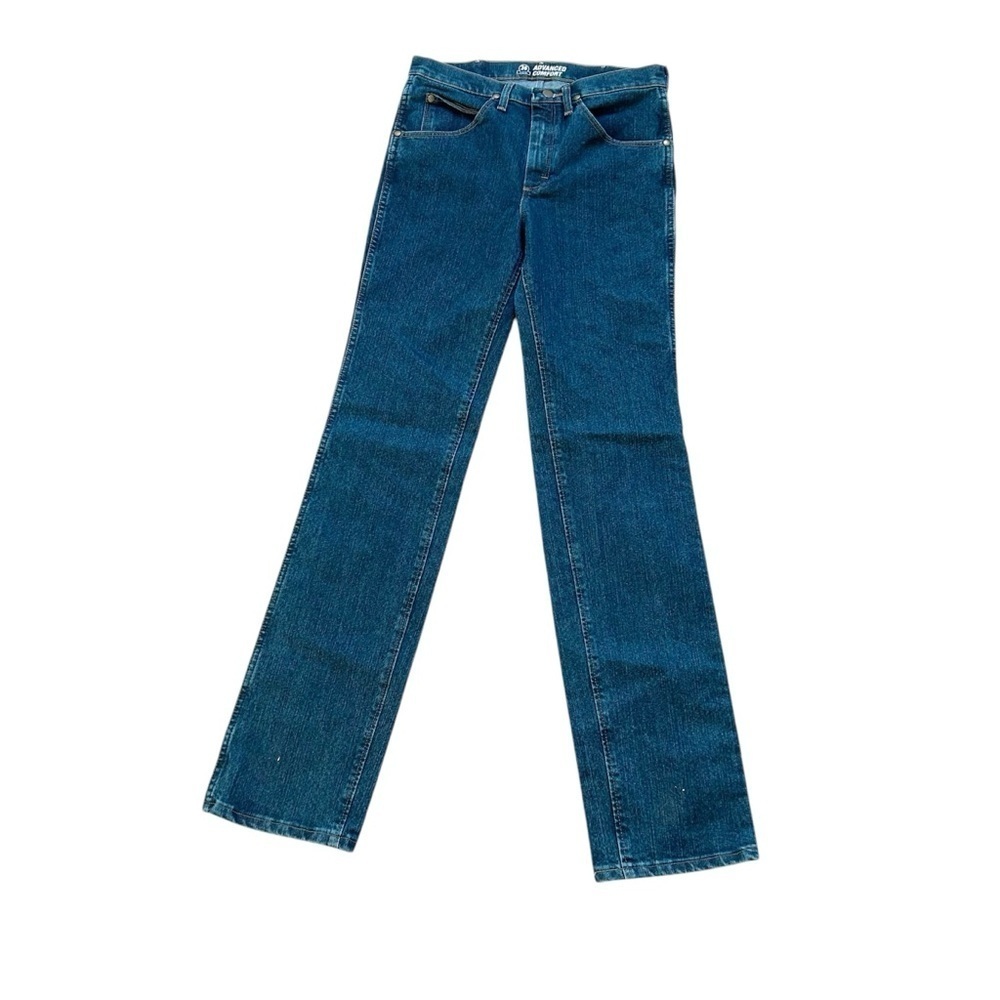 Wrangler Advanced Comfort 36 Slim Fit Blue Jeans Leather tag on back pocket